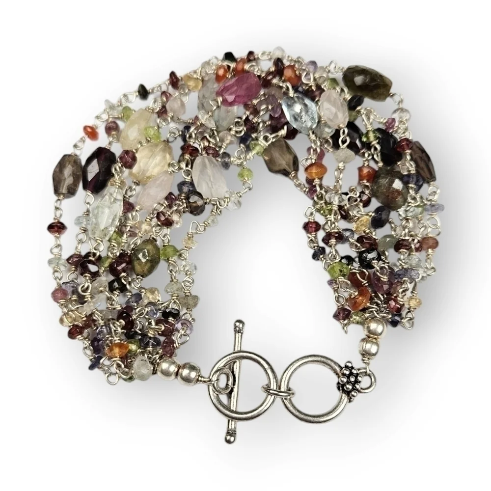 Assorted Gemstone Multi Chain Bracelet Colorful Bead Silver Plated 7.5
